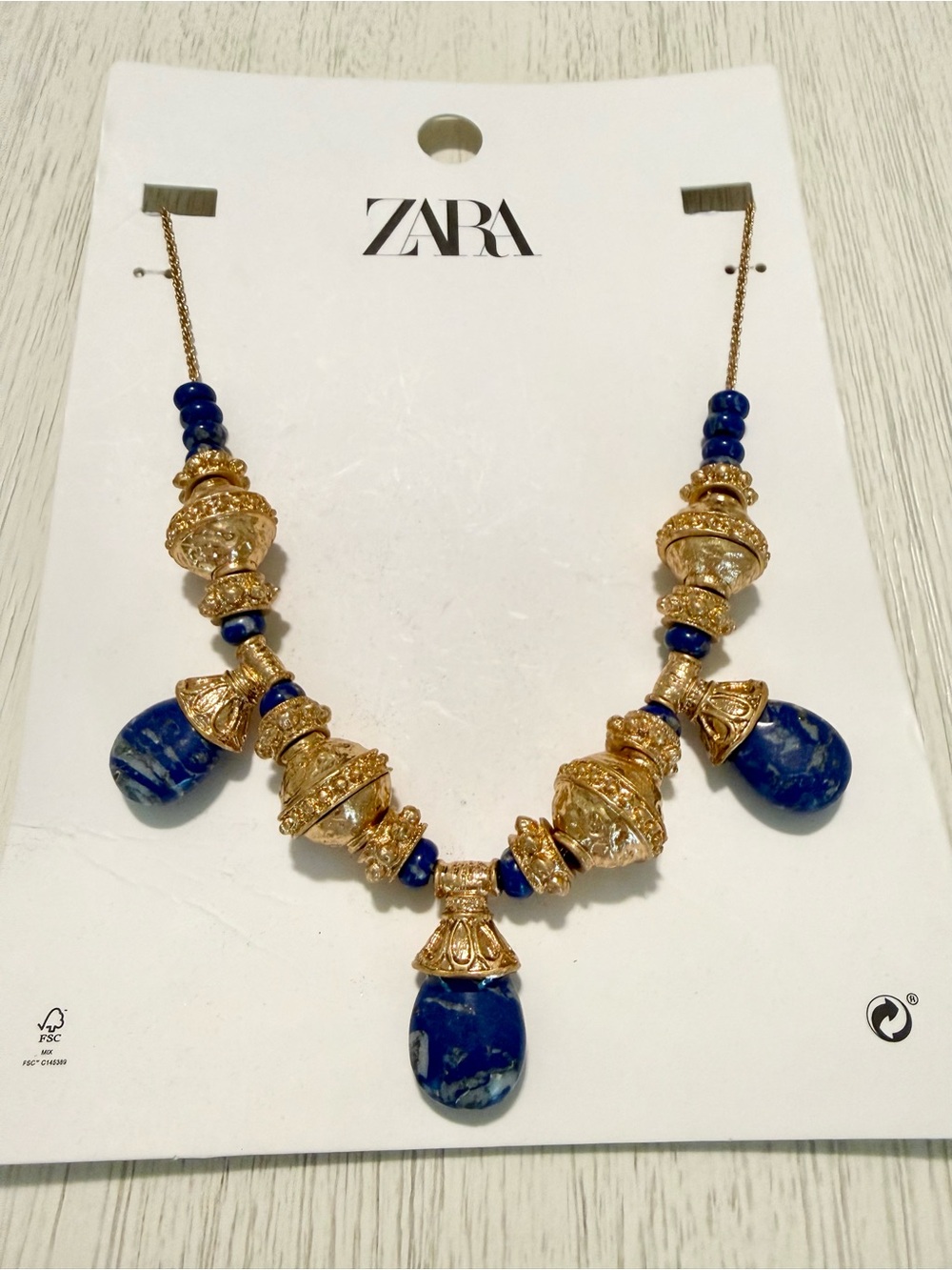 ZARA Gold-Tone Statement Necklace with Royal Blue Drops